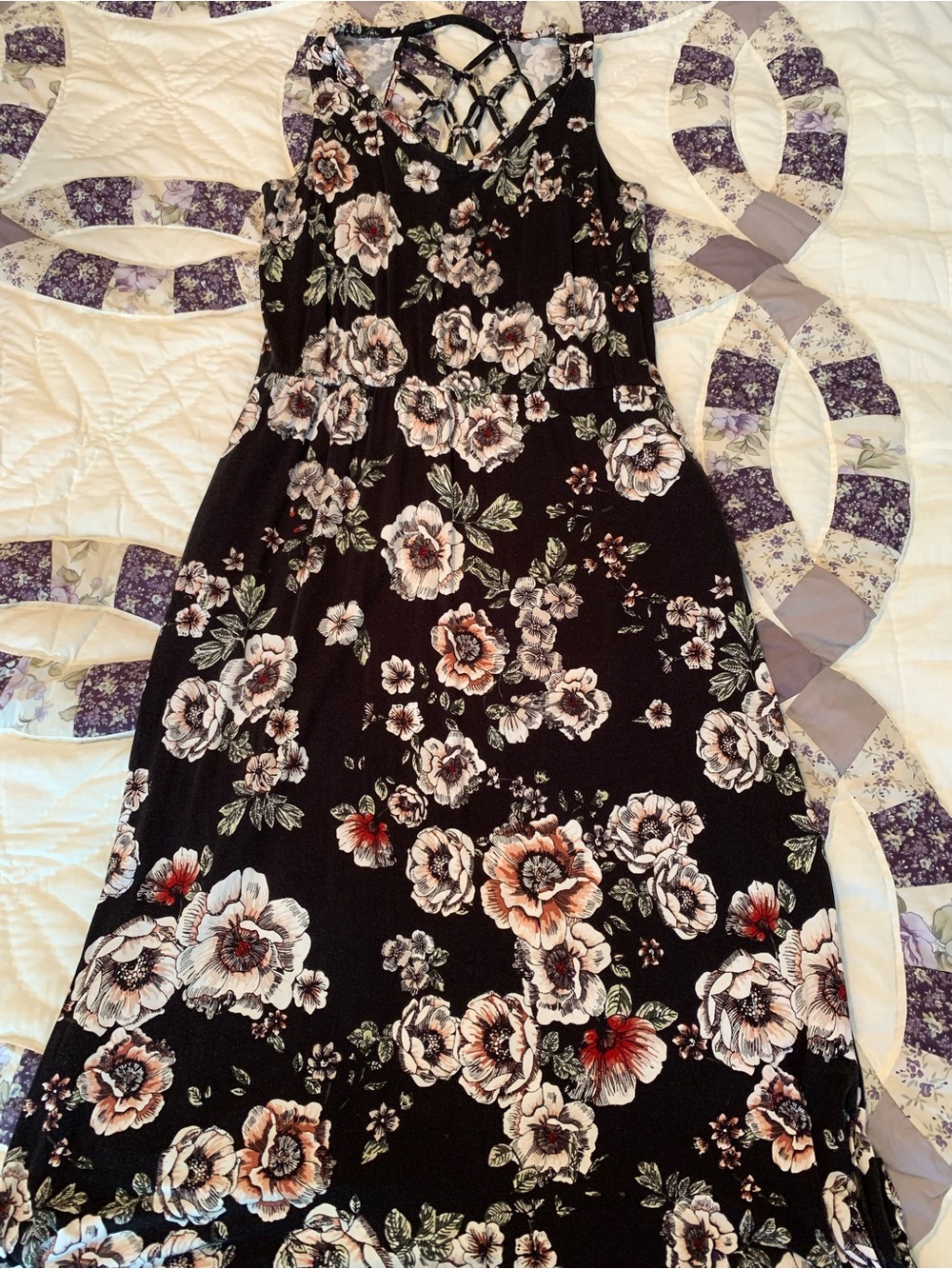 Maurices Black Floral Maxi Dress with Lattice Back